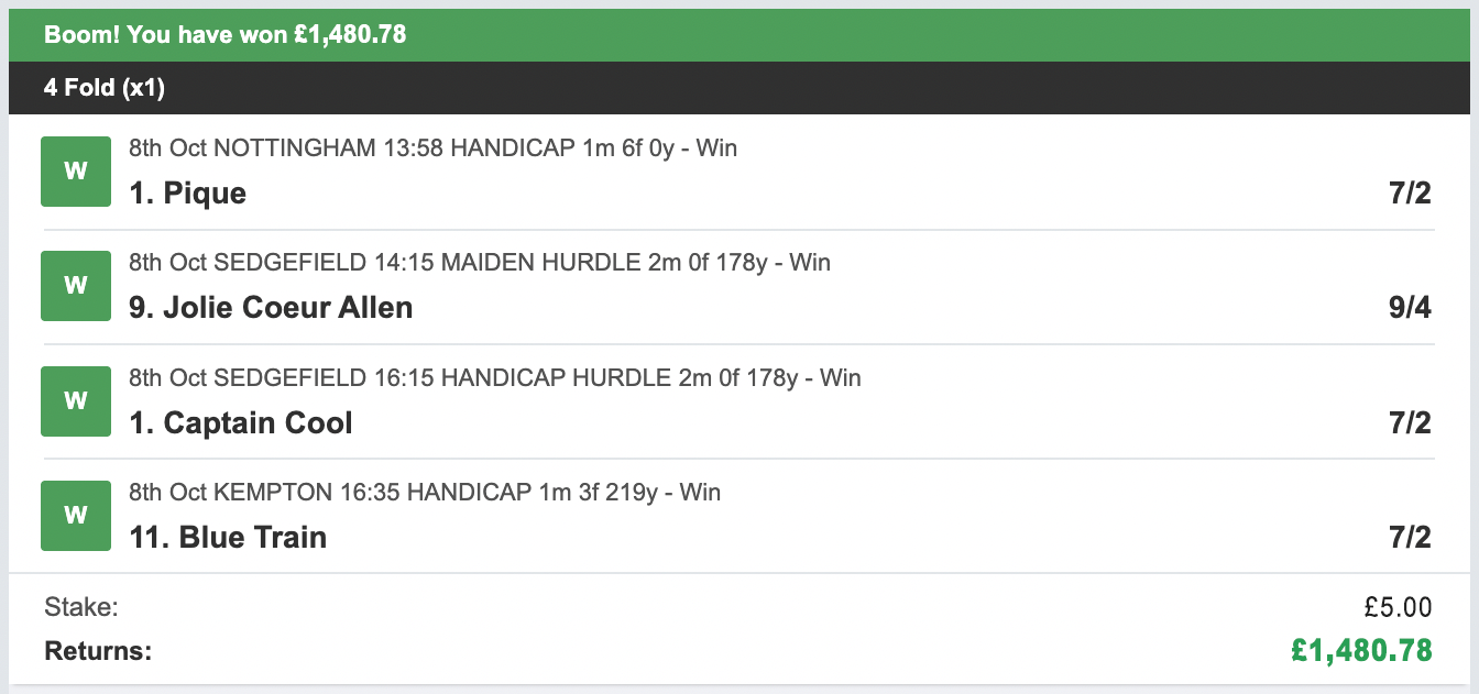 Winning betslip, 8th October 2025